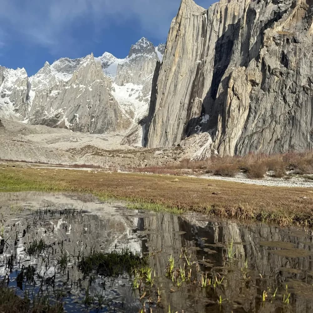 Karakoram peaks reflected in a braided river valley